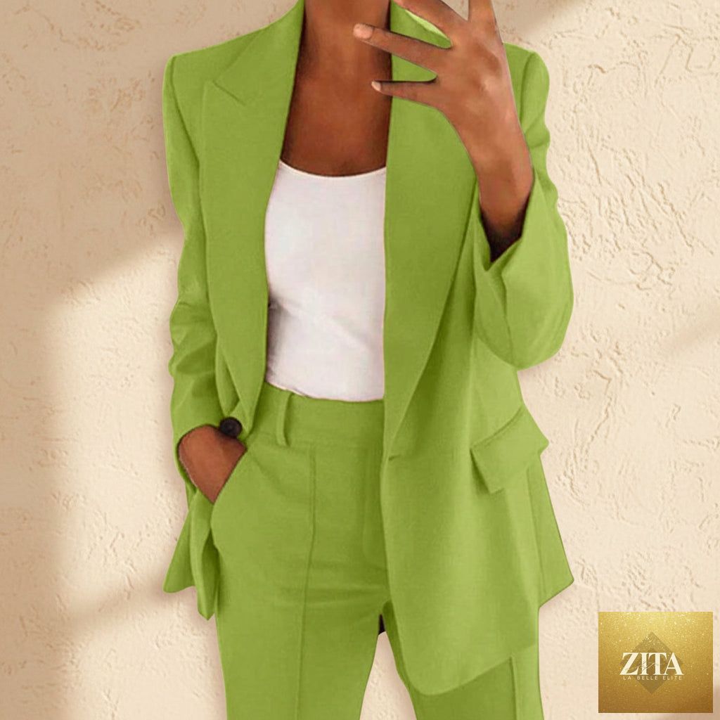 FitiqueFit two-piece blazer and straight-leg trousers suit, featuring a stylish lapel button-down blazer and matching tailored trousers.