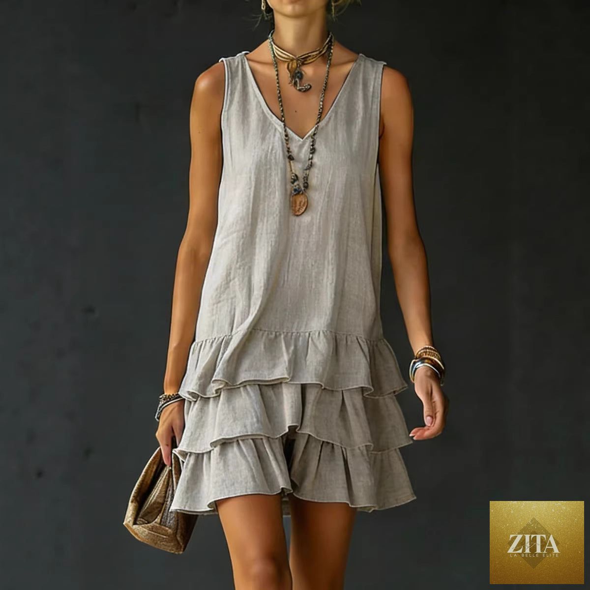 V-Neck sleeveless midi dress by Zita La Belle Elite in five colors, casualwear, shown in a stylish fit for sizes S to 2XL.