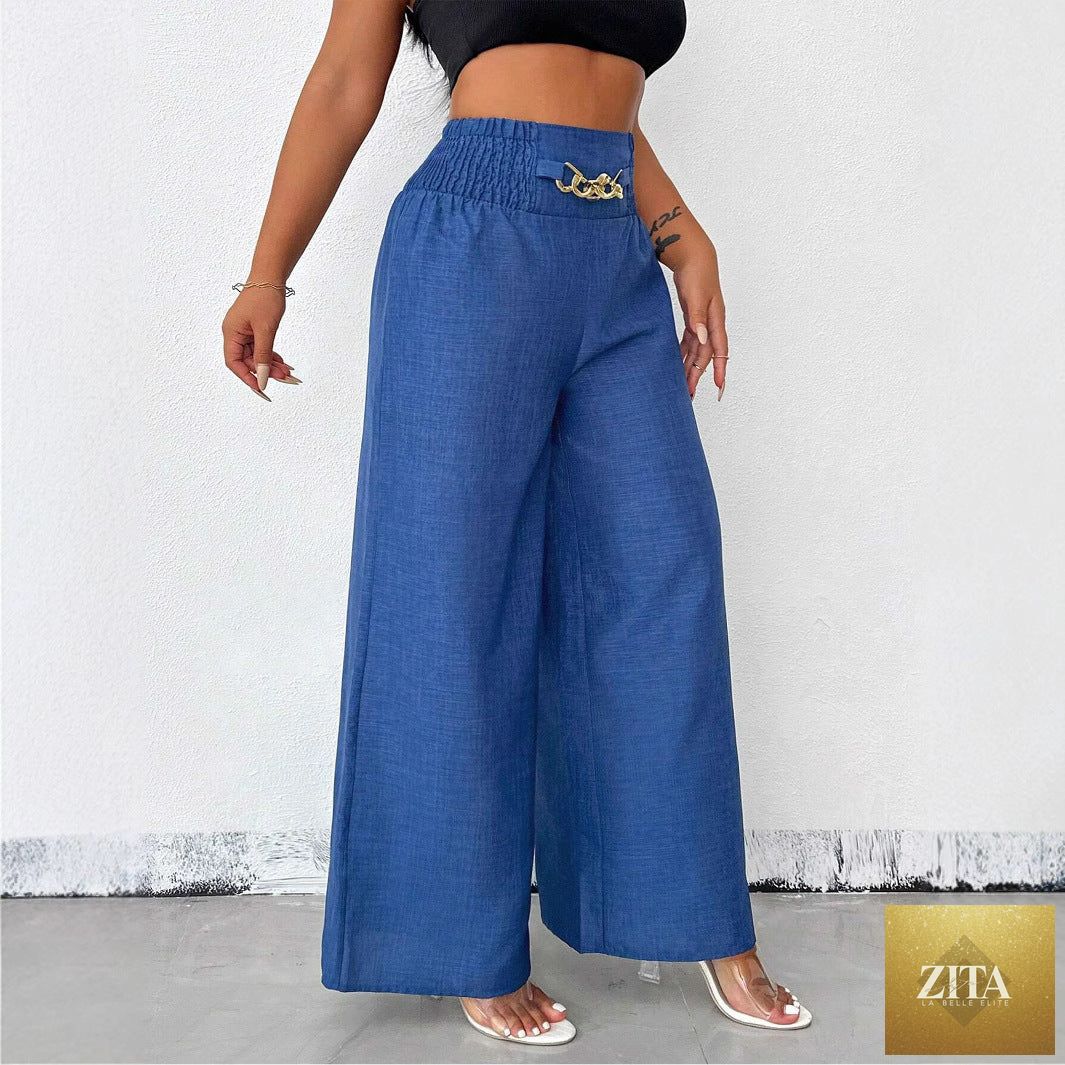 Women's high-waist drapey wide-leg casual pants by Zita La Belle Elite in five colors, with elastic drawstring waist.