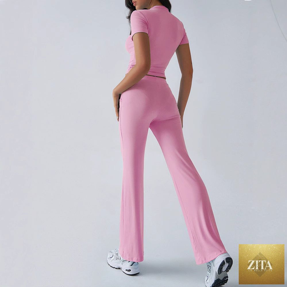 Zita La Belle Elite crew neck short sleeve top and full-length pants set in solid color, available in 10 colors.