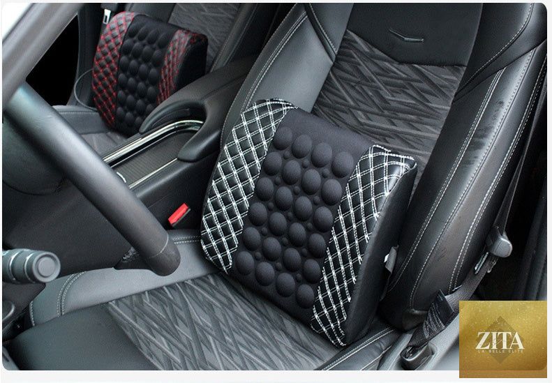 My Store car health massage cushion showing ergonomic design and adjustable straps for comfortable support during drives.