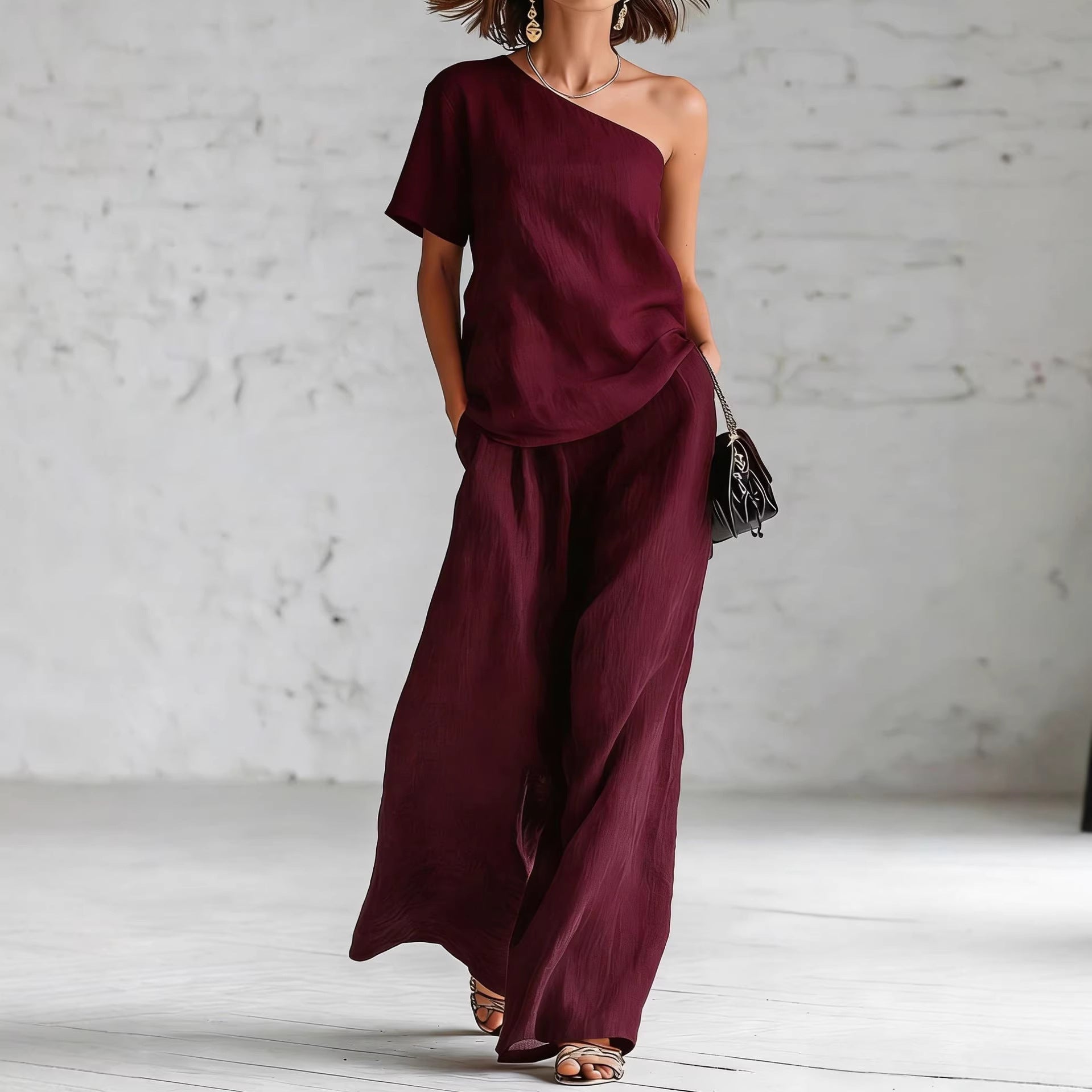 Women's casual wide-leg pants and three-quarter sleeve top set by FitiqueFit, featuring a relaxed fit and stylish design.