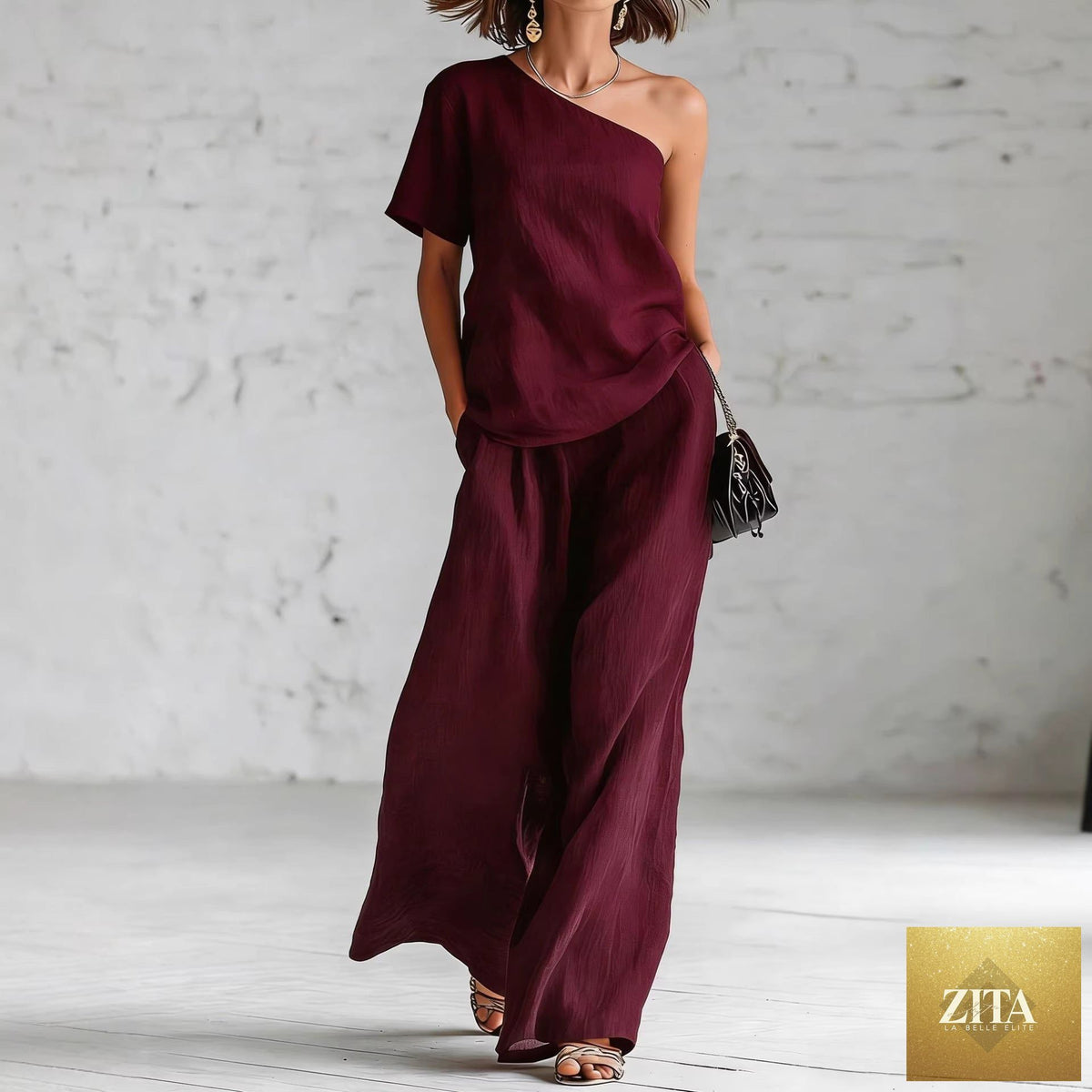 Zita La Belle Elite women's wide-leg pants and top set, casual three-quarter sleeve outfit, featuring a relaxed and stylish fit.