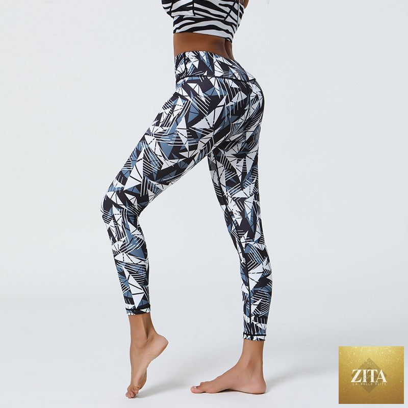 Women's high-waisted stretchy printed yoga fitness pants, comfortable activewear with colorful patterns for exercise and casual wear.