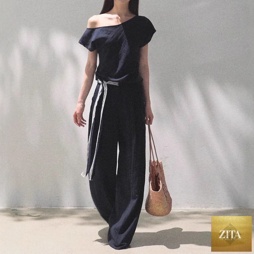 Linen off-shoulder asymmetric casual set by Zita La Belle Elite in two colors, featuring relaxed fit and stylish design.
