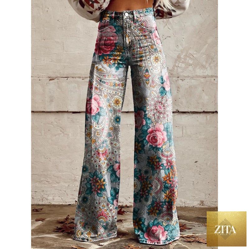 Women's printed flare pants by Zita La Belle Elite, mid-waist casualwear with full length, plus size, vibrant pattern.