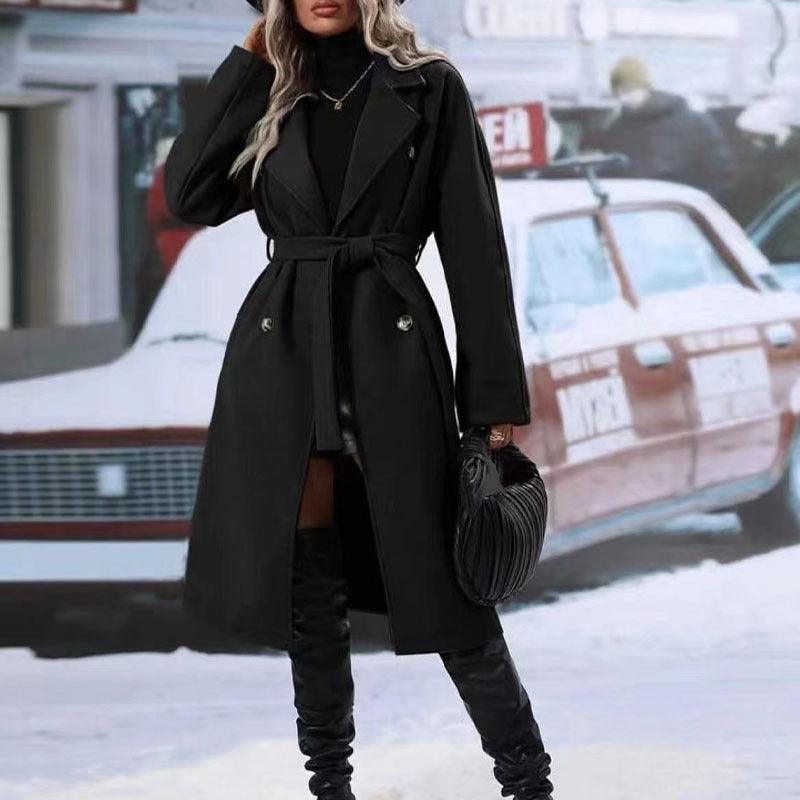 Stevvex women's winter coat with notched lapel, double-breasted design, belt, solid color wool blend long jacket, stylish outwear.