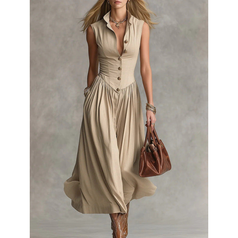 Women's sleeveless lapel collar maxi dress by FitiqueFit featuring slim fit patchwork casualwear with a flowing silhouette.
