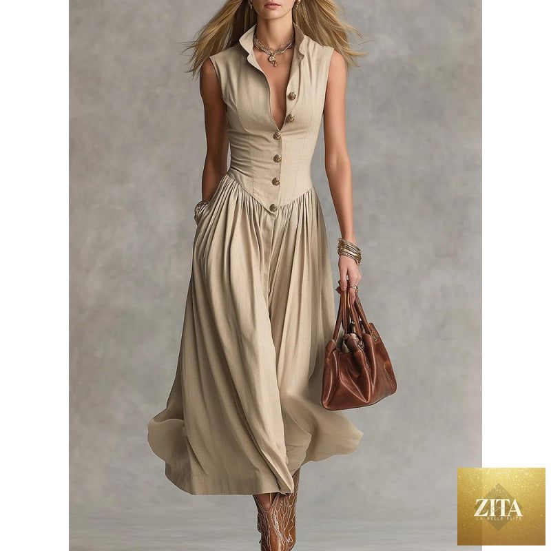 Women's sleeveless lapel collar maxi dress by Zita La Belle Elite, featuring slim fit and patchwork design, casualwear style.