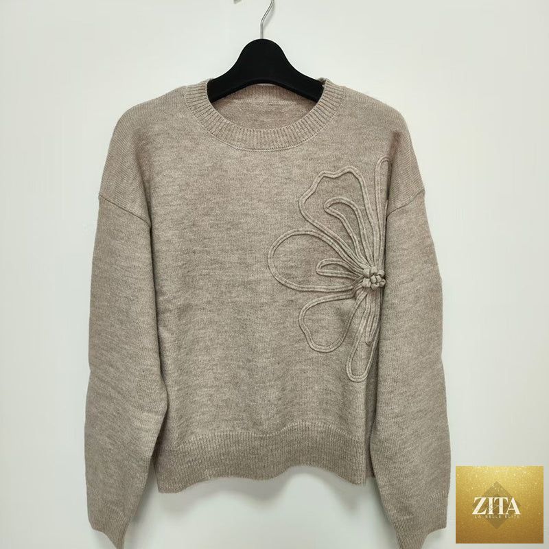 Women's floral sweater by Zita La Belle Elite, crew neck long sleeve casual pullover with elegant floral pattern.