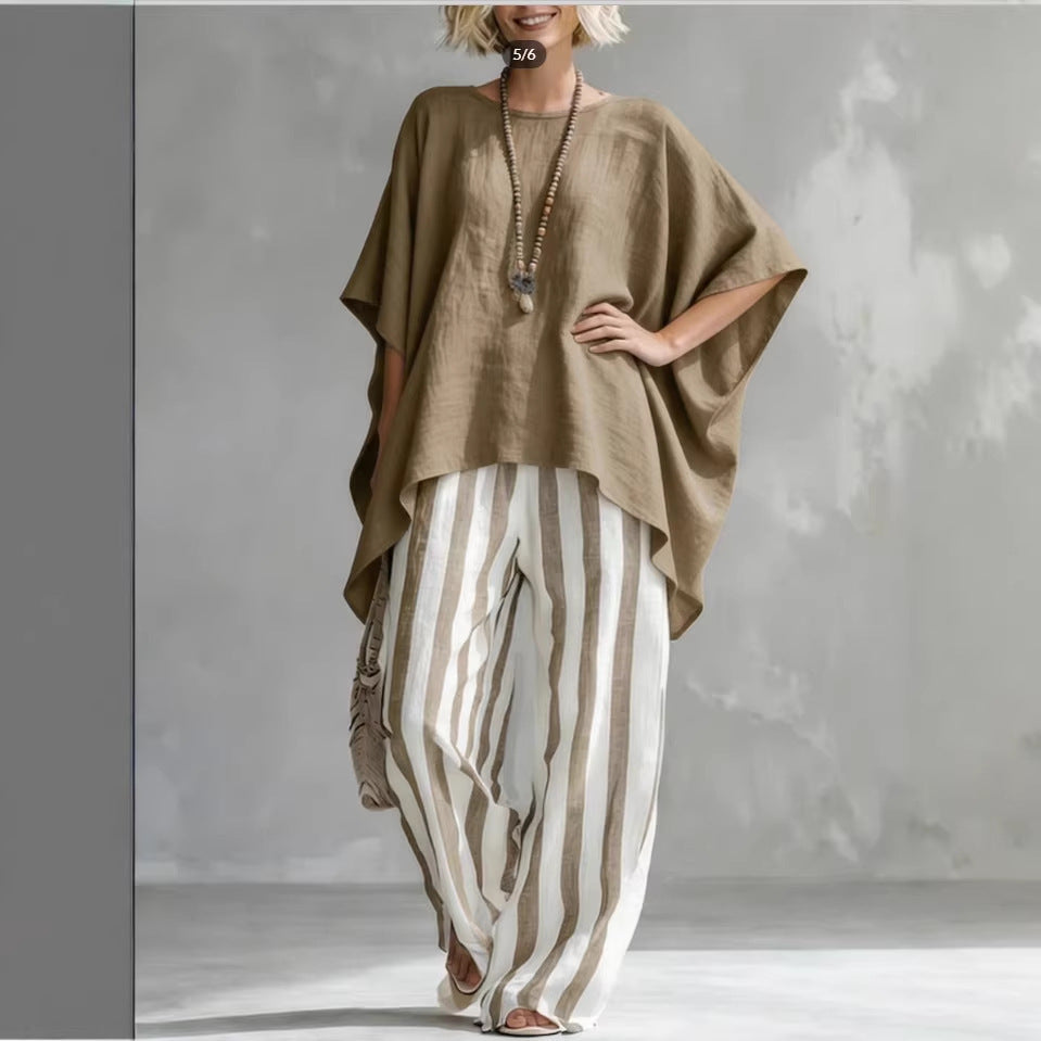 Women's striped batwing-sleeve linen two-piece set by FitiqueFit, featuring a loose fit and casual style with relaxed, comfortable design.