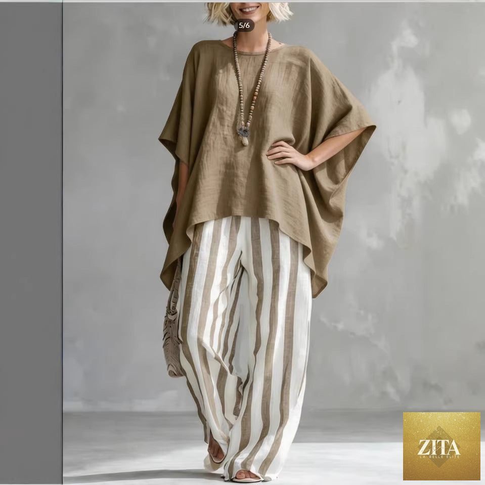 Women's striped batwing-sleeve linen two-piece set by Zita La Belle Elite, casualwear featuring loose fit and relaxed style.