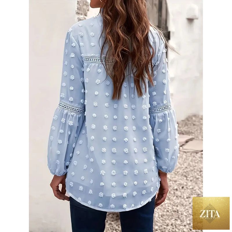Women’s long-sleeve V-neck casual blouse by FitiqueFit, stylish business casual top with a fitted silhouette and soft fabric.
