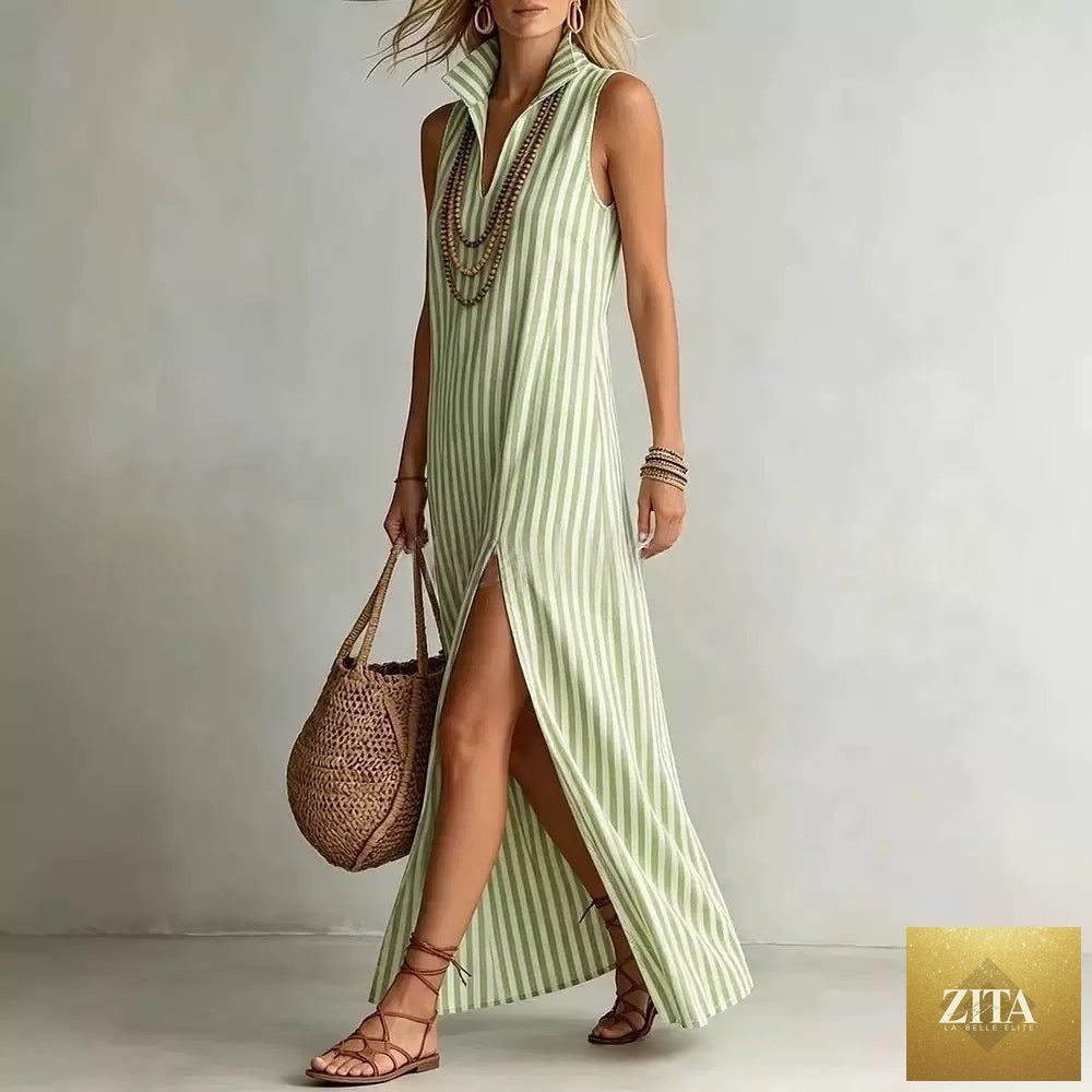 Striped sleeveless maxi dress with stand collar and side slit, casual FitiqueFit A-line cami dress shown on a hanger.