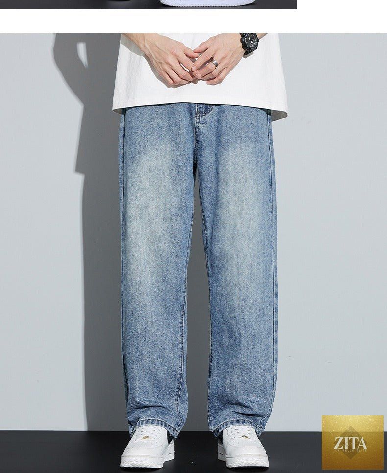 Mandotos men's fleece-lined American style retro straight leg high street pants, casual fit with classic design and high waist.