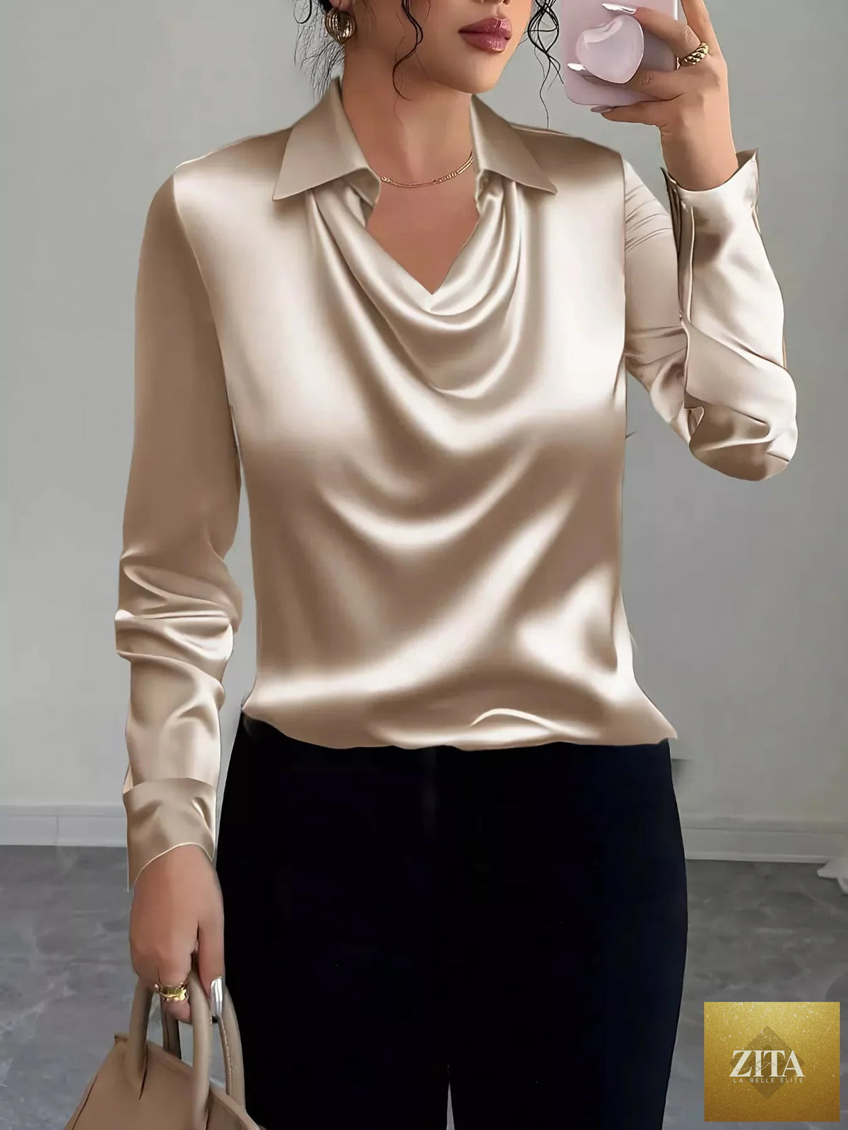 Zita La Belle Elite satin long sleeve blouse with a collared neck, shown in a sleek, shiny fabric with a tailored fit.