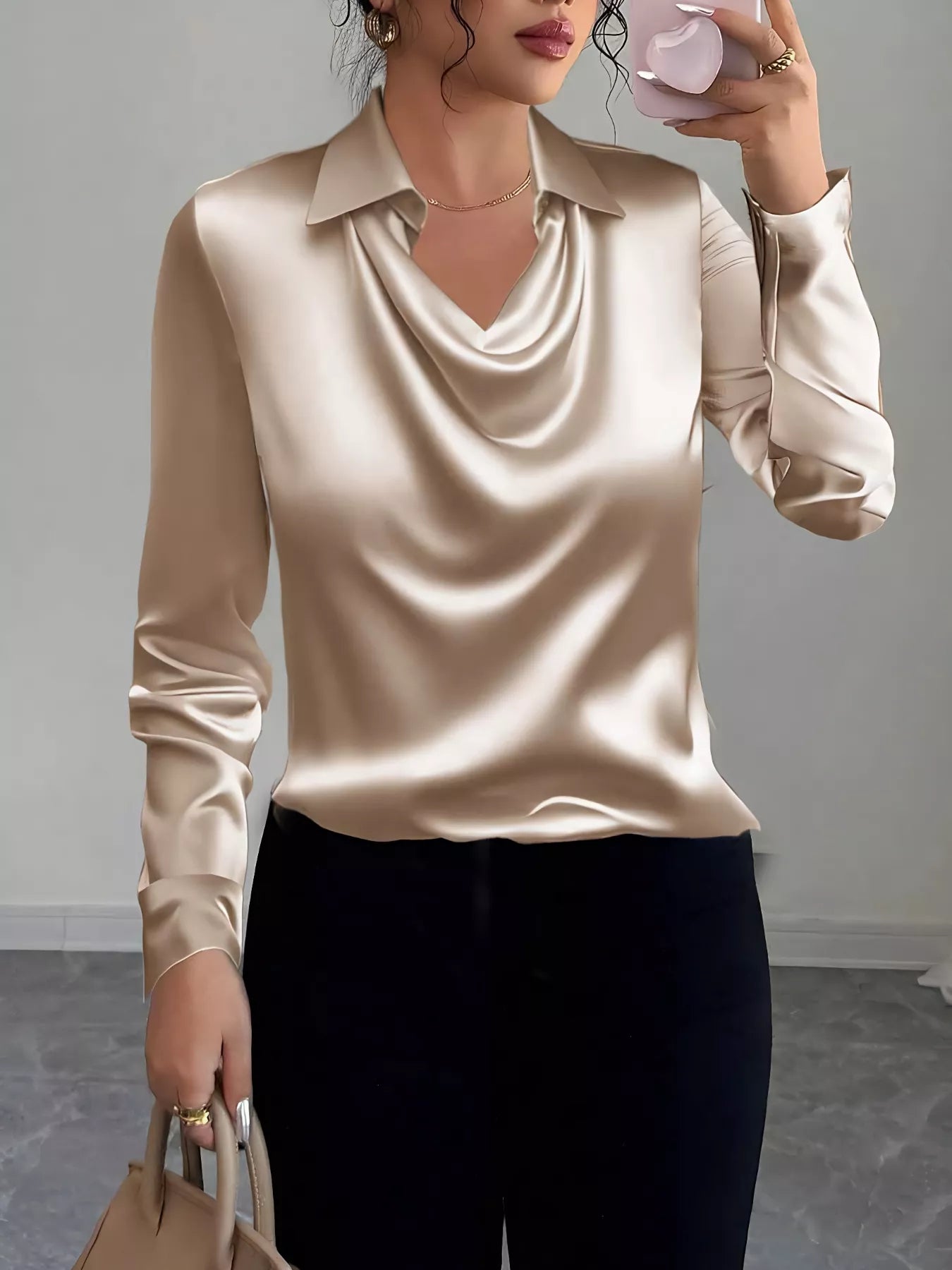 Satin collared long sleeve blouse by The Fashion Celestial in a sleek, shiny fabric with a classic collar and fitted sleeves.