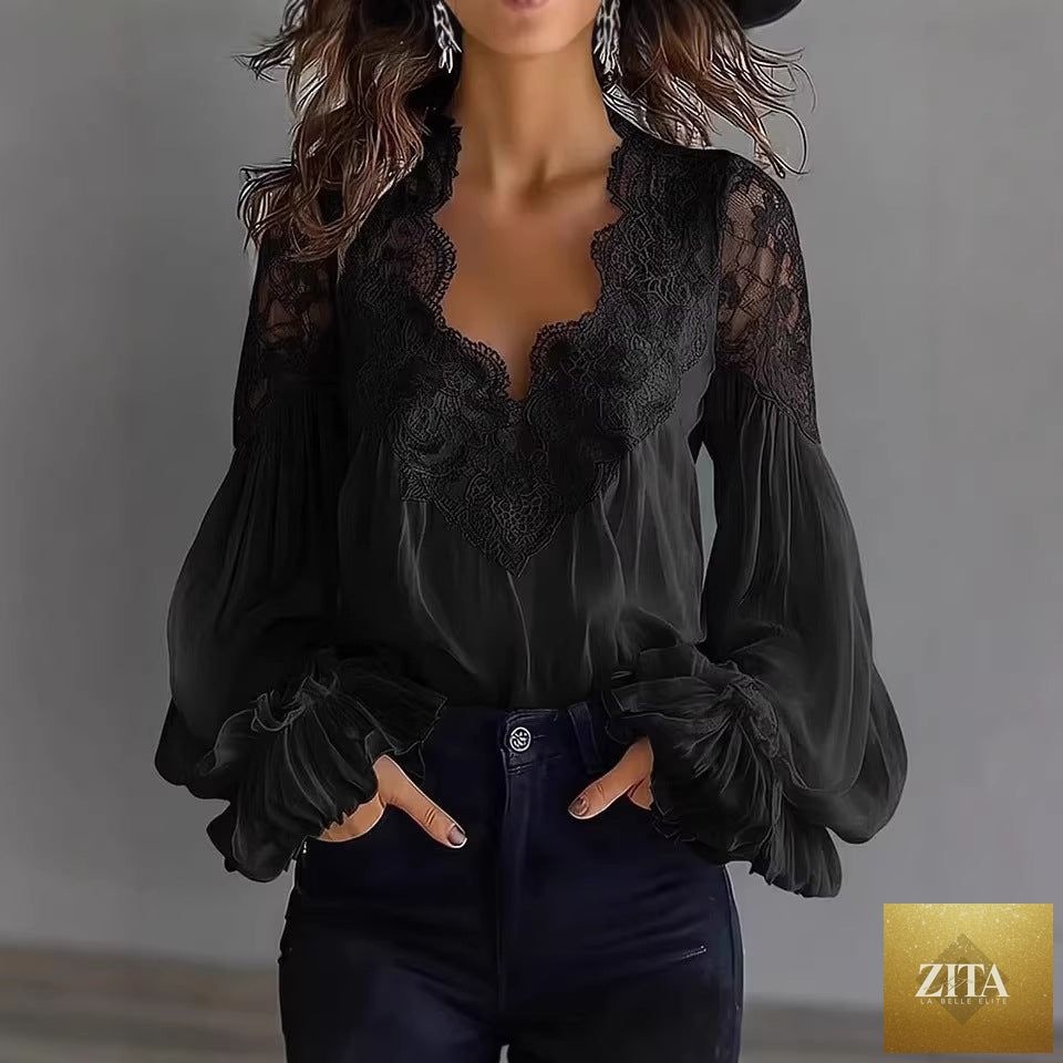 FitiqueFit lace-panel puff sleeve pleated ruffle ballet-style shirt, featuring delicate lace details and elegant puff sleeves.