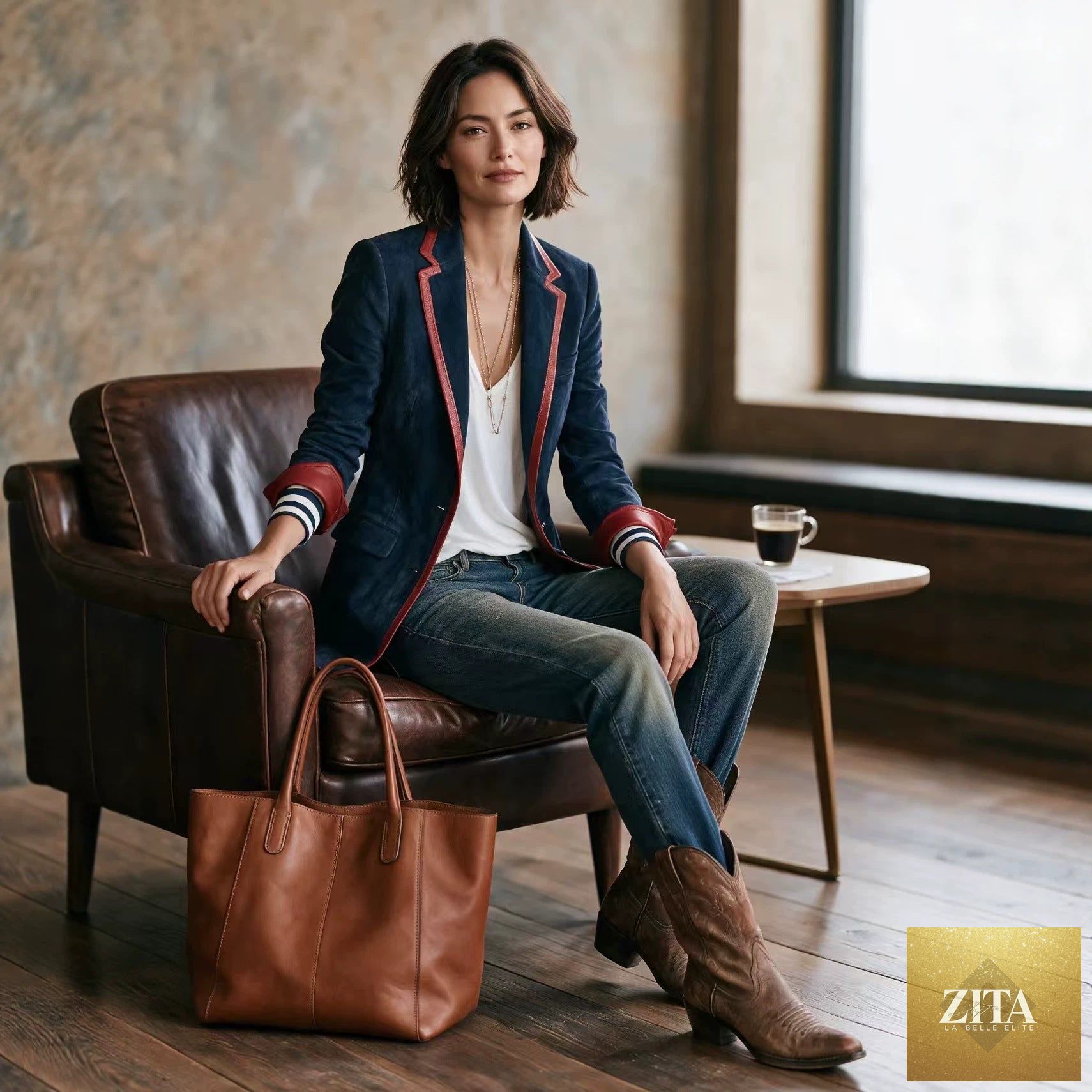 Suede Color-Block Blazer with Contrast Trim