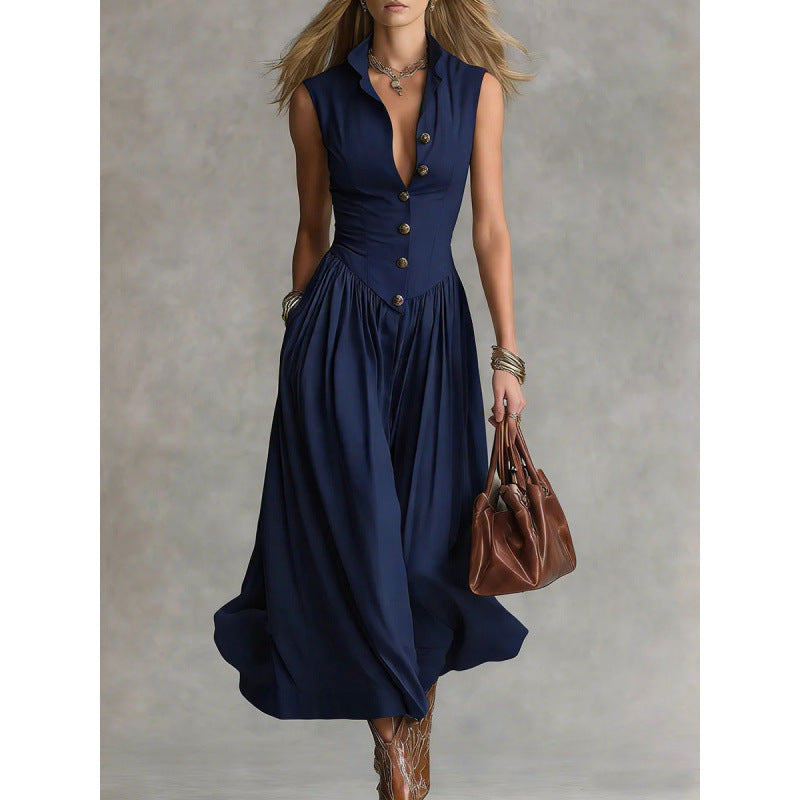Women's sleeveless lapel collar maxi dress with slim fit patchwork design, casualwear by FitiqueFit, shown in the image.