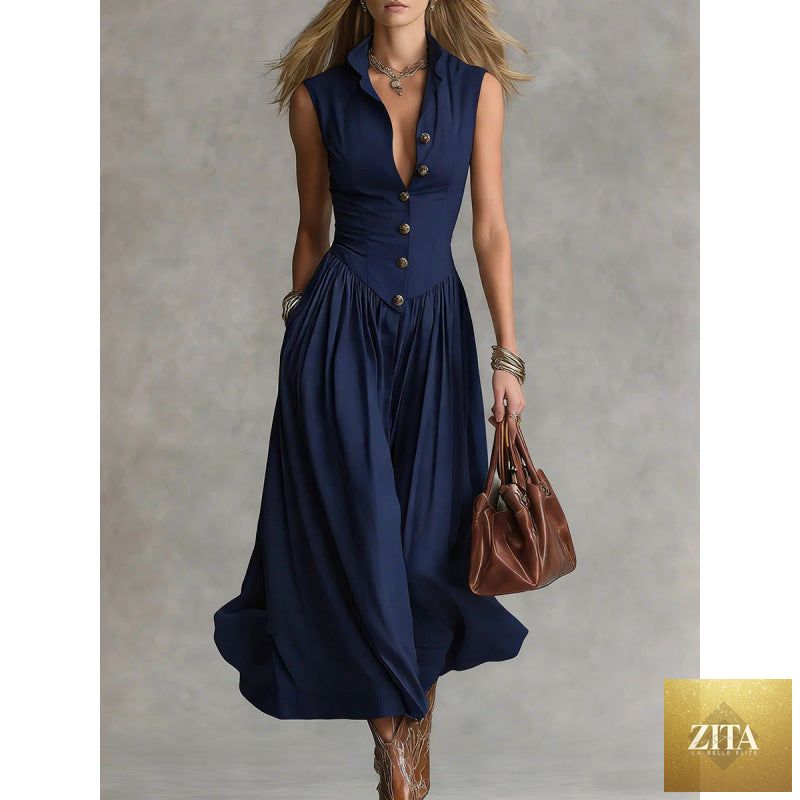 Women's sleeveless lapel collar maxi dress by Zita La Belle Elite, featuring a slim fit and patchwork design, casualwear style.