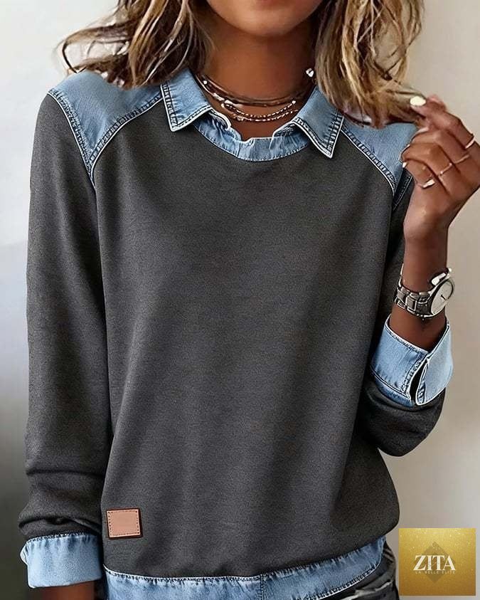 Women’s denim collar patchwork pullover knitwear top by FitiqueFit, casual street style sweater with denim accents and cozy fit.