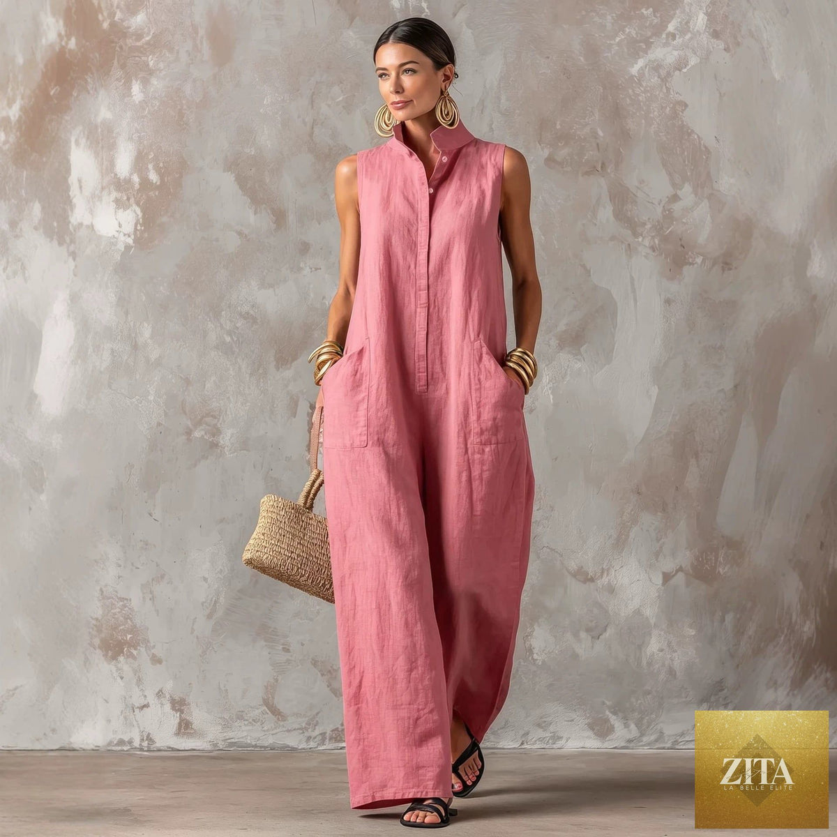 Linen blend sleeveless jumpsuit with stand collar by FitiqueFit, available in five colors and sizes S to 3XL.