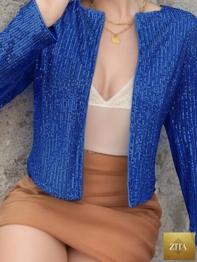 Zita La Belle Elite women's full-size sequin cropped jacket with open front and glamorous sparkle, perfect for parties.