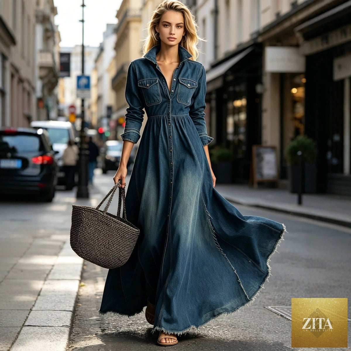 Women's dark blue denim shirt collar button-down maxi dress by FitiqueFit, featuring high waist design and long sleeves.