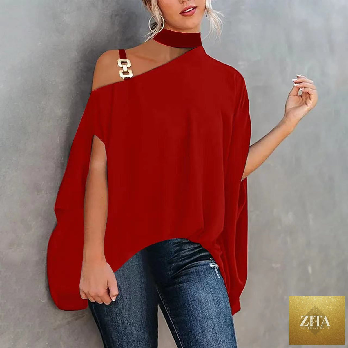 Women’s one-shoulder printed T-shirt by Zita La Belle Elite, casualwear with a stylish one-shoulder design and vibrant print.
