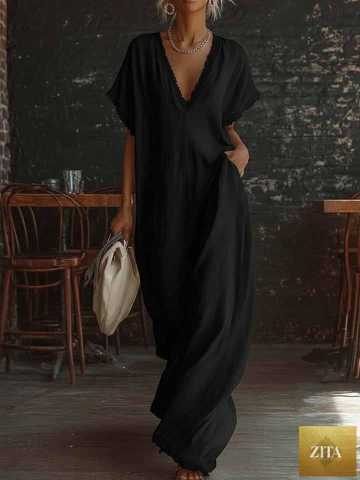 Lace-trimmed loose linen cotton long dress for women from Zita La Belle Elite, featuring a relaxed fit and casual style.