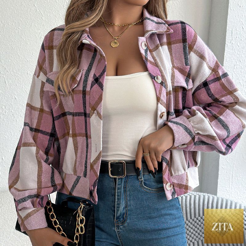 Women’s plaid shacket by FitiqueFit, long-sleeve button-down shirt jacket with a classic plaid pattern and relaxed fit.