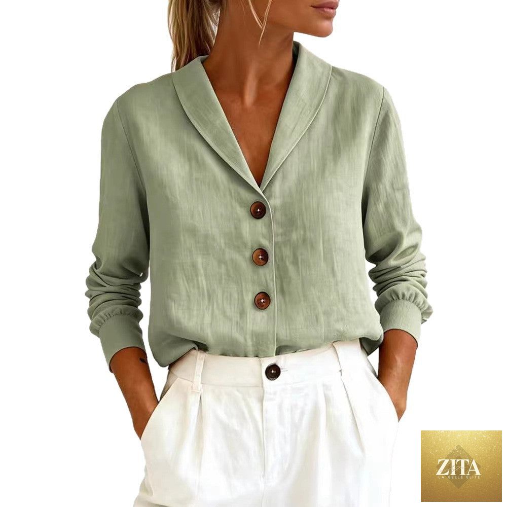 Women's cotton-linen Peter Pan collar button-up shirt by Zita La Belle Elite in six colors, shown with long sleeves and front buttons.