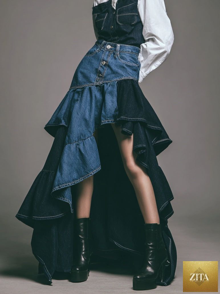 Two-tone denim high waist asymmetric midi skirt with layered ruffles from Zita La Belle Elite, showcasing its stylish design.