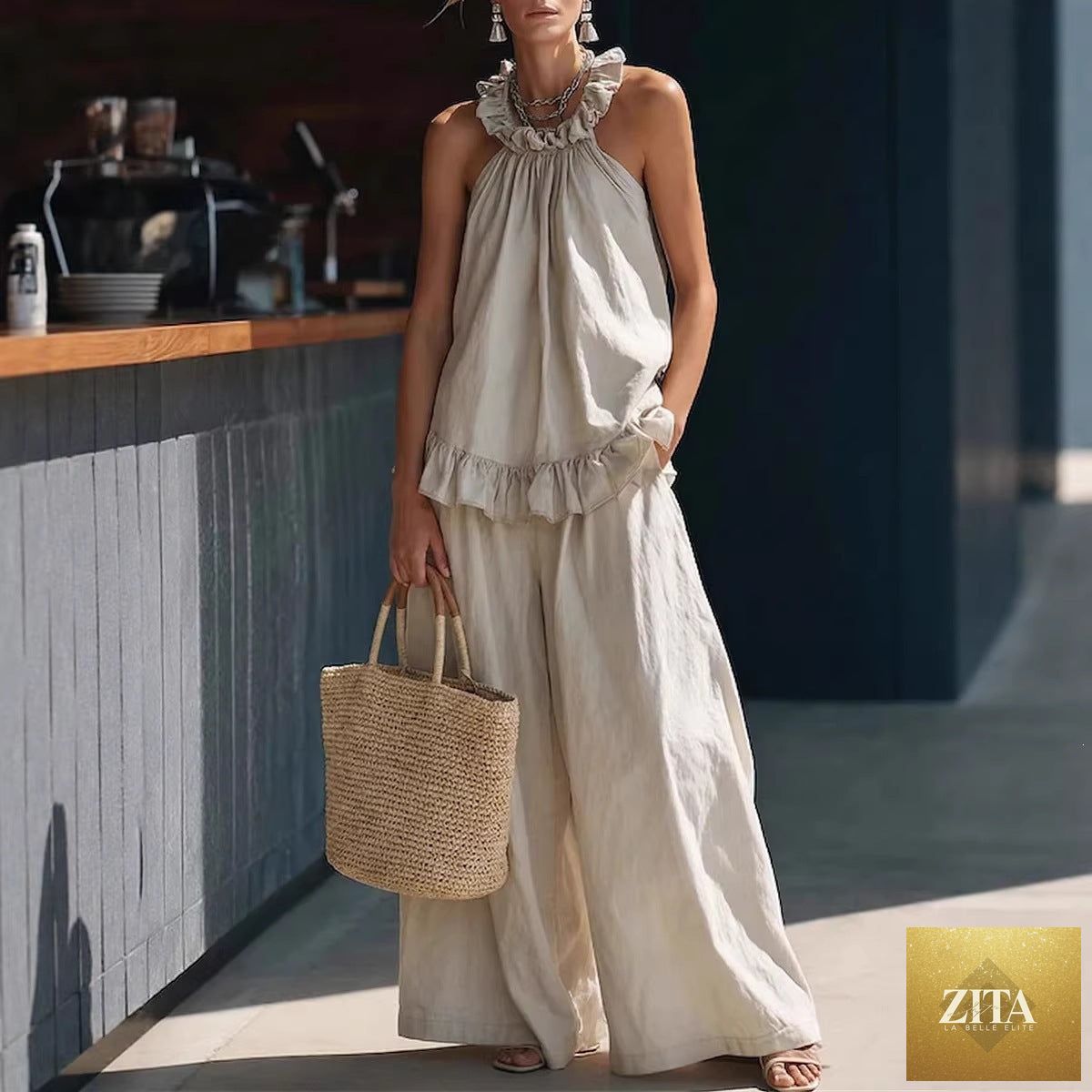 Zita La Belle Elite halterneck loose two-piece casualwear set with pleated asymmetric pockets, featuring a stylish and relaxed fit.