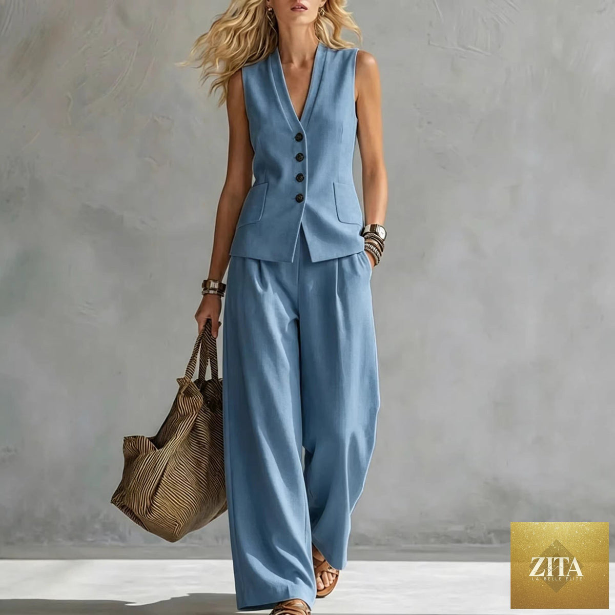 Zita La Belle Elite women's solid linen sleeveless tank top and full-length pants set, casualwear in light, breathable fabric.