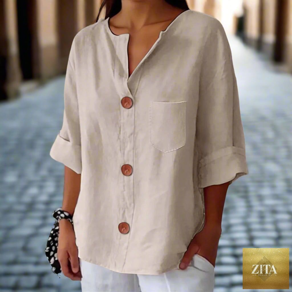 Women’s loose V-neck T-shirt by FitiqueFit in cotton linen, casual button top with relaxed fit and lightweight fabric.
