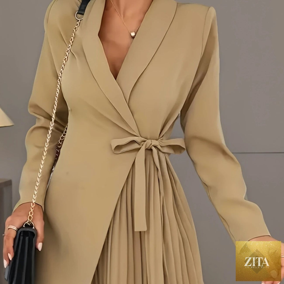 Zita La Belle Elite solid color pleated suit jacket dress, front view showcasing tailored fit and elegant pleated design.