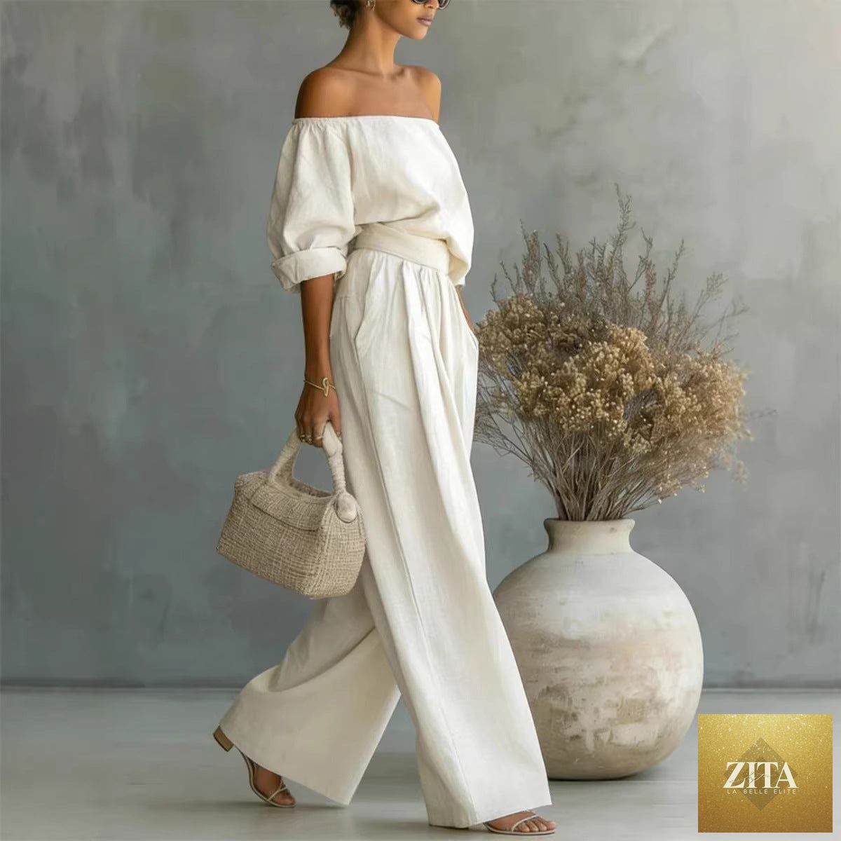 Zita La Belle Elite women's casual two-piece set with off-shoulder long-sleeve top and wide-leg pants, stylish and comfortable.