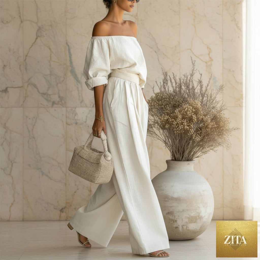 Women's Off-Shoulder Puff Sleeve Blouson Top & High-Rise Wide-Leg Pants Cotton-Linen Set
