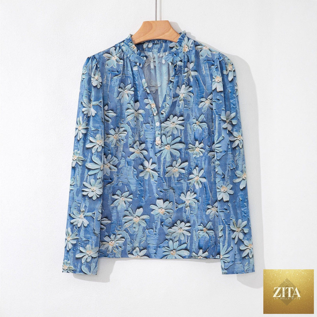 Women's retro floral print chiffon blouse by Zita La Belle Elite, loose fit long-sleeve casual top with a vintage-inspired design.