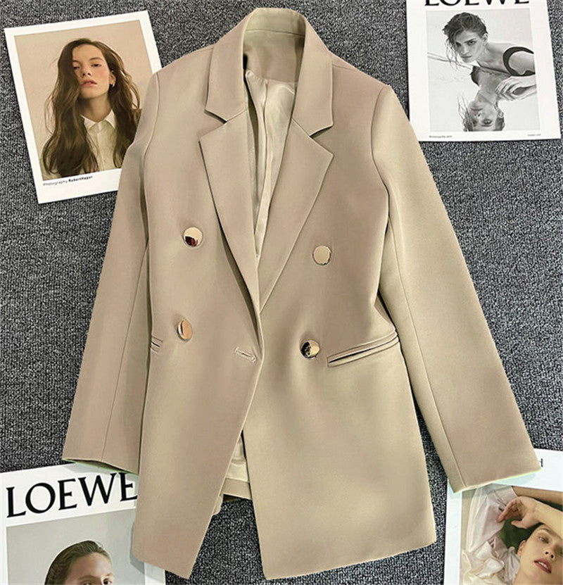 Women's solid-color long-sleeve blazer with metallic zipper detail, casualwear by FitiqueFit, shown on a hanger.