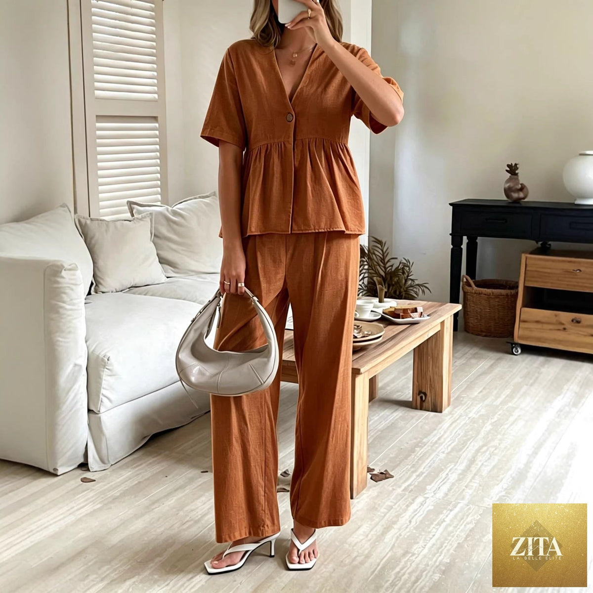 Zita La Belle Elite women's casual V-neck short-sleeve top and wide-leg pants set, stylish and comfortable for everyday wear.