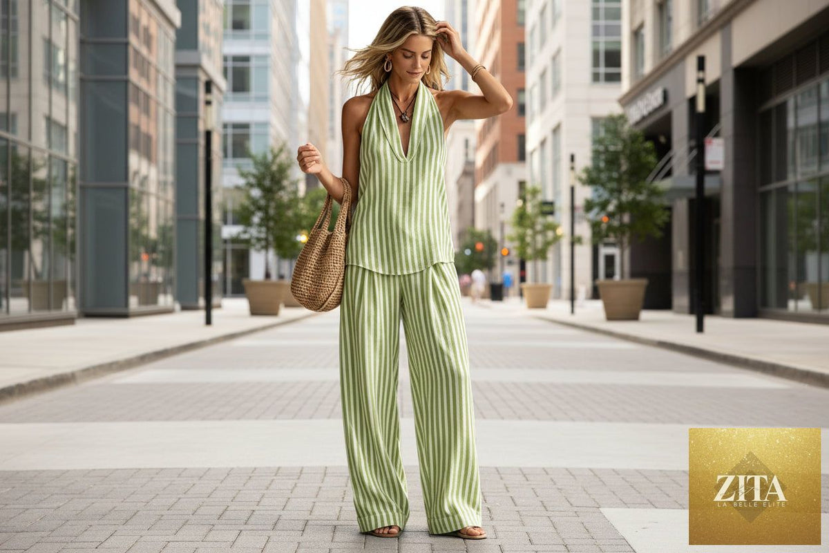 Zita La Belle Elite women's striped sleeveless top and wide-leg pants set, casualwear fashion, styled for a modern look.