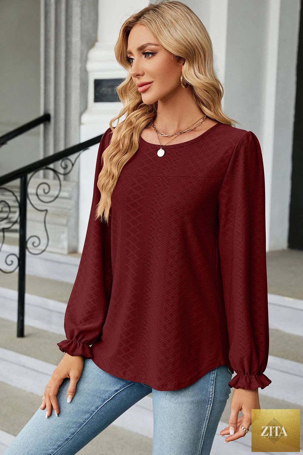 Zita La Belle Elite round neck casual T-shirt with flounce sleeves, soft fabric, and stylish design for everyday wear.