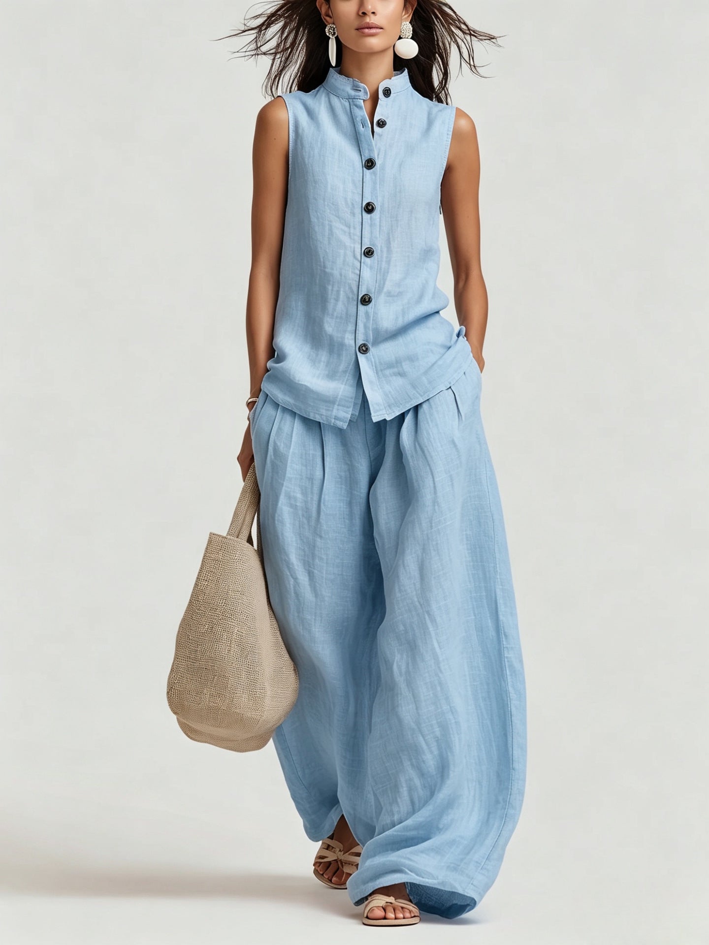 Women's Cotton-Linen Sleeveless Crewneck Vest & Pants Set