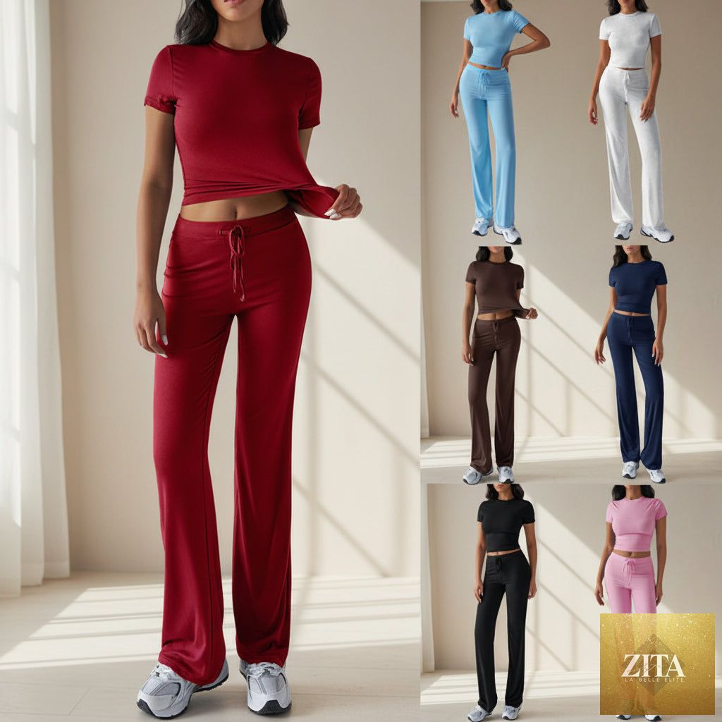 Zita La Belle Elite crew neck short sleeve top and full-length pants set in solid color, available in 10 colors.