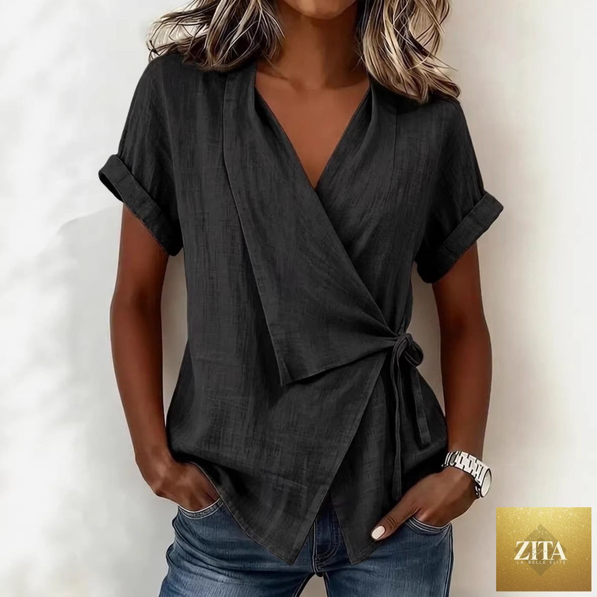 Women's casual linen top with lapel collar and lace-up short sleeves from Zita La Belle Elite, shown in a relaxed fit.