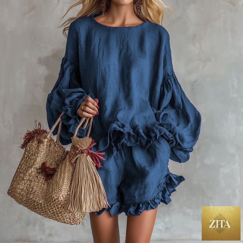 Zita La Belle Elite women's casual two-piece set with lantern sleeve top and matching shorts, loose fit, stylish and comfortable.