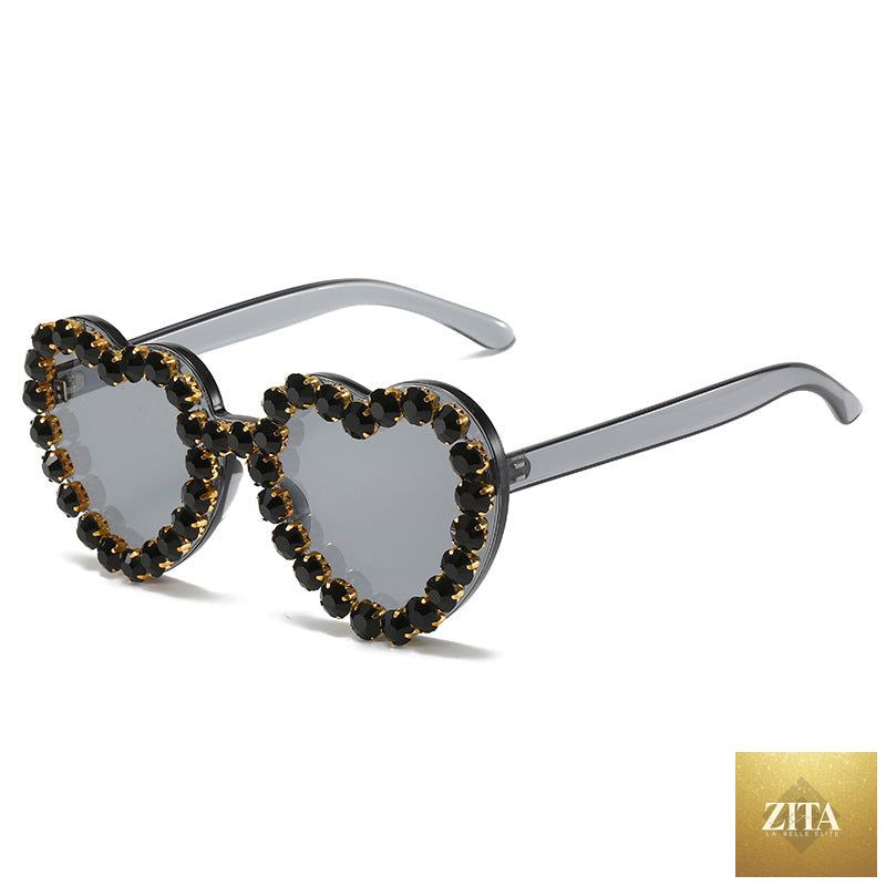 Peach heart-shaped rhinestone sunglasses by FitiqueFit, Y2K INS style, featuring decorative rhinestones and trendy eyewear design.